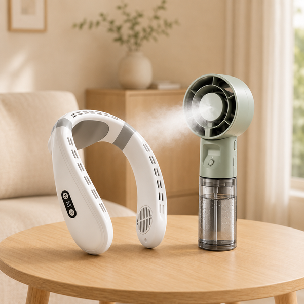 Pack Fraîcheur Évasion — Ventilateur de Cou Rechargeable + Mini Brumisateur