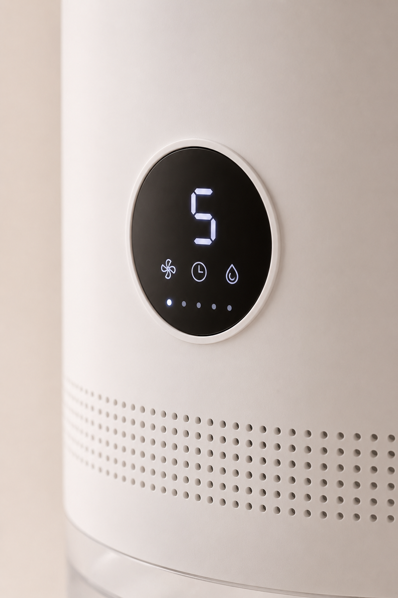 Luxsia AeroCool, ventilateur sans pales humidificateur blanc dans un salon cosy