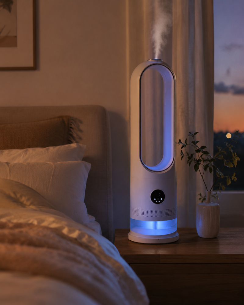 Luxsia AeroCool, ventilateur sans pales humidificateur bleu nuit sur un bureau télétravail