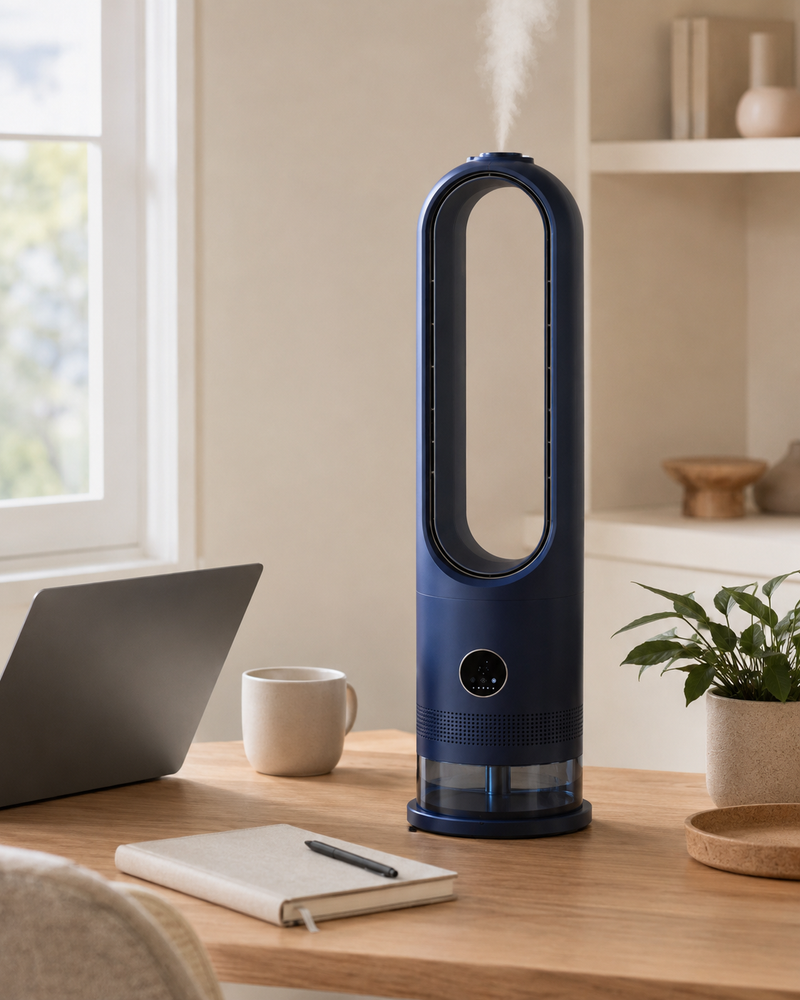 Luxsia AeroCool, ventilateur sans pales humidificateur avec lumière d'ambiance bleue en chambre