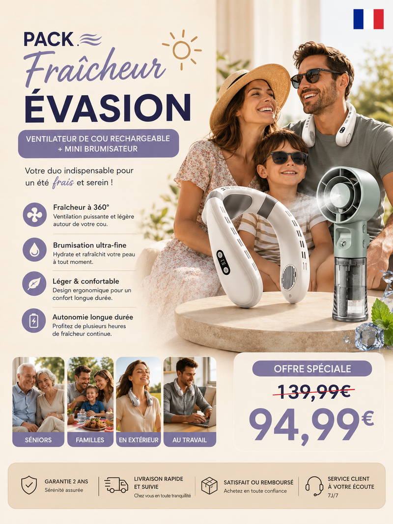 Pack Fraîcheur Évasion — Ventilateur de Cou Rechargeable + Mini Brumisateur