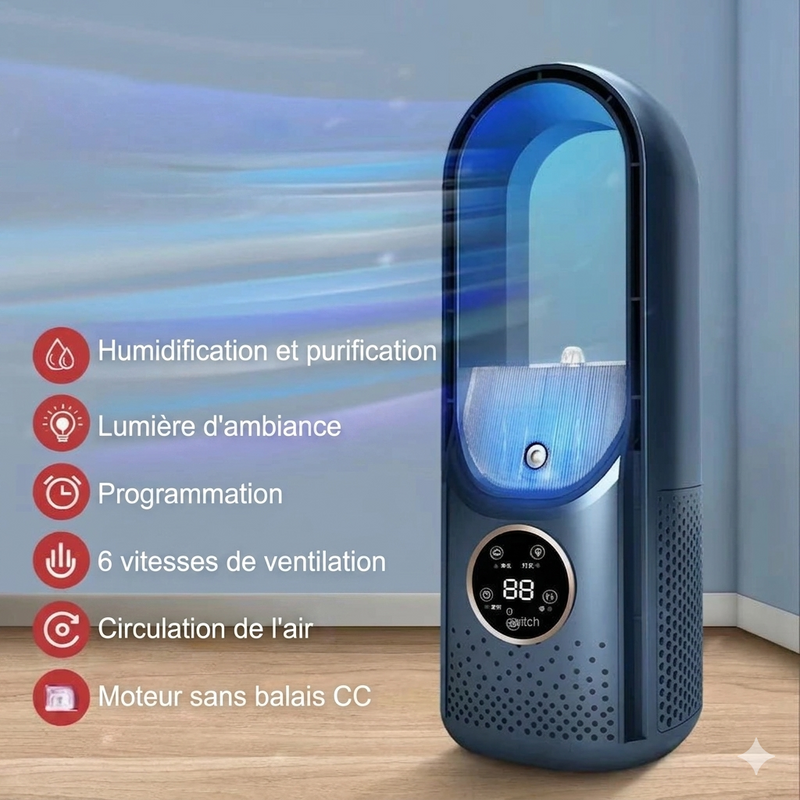 Luxsia AeroCool, ventilateur sans pales avec humidificateur, ambiance bleutée dans une chambre