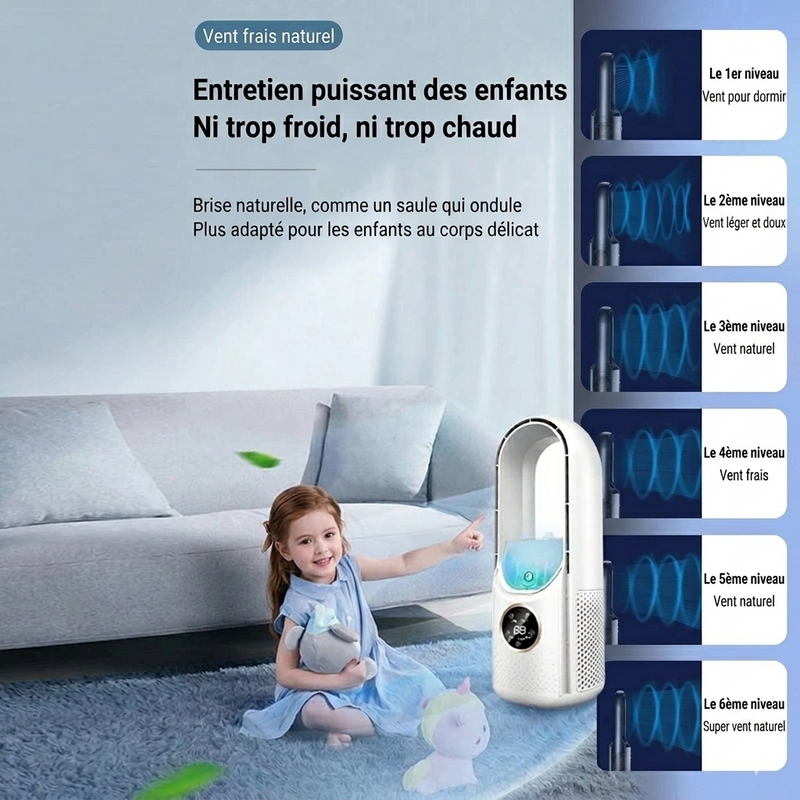 Luxsia AeroCool, vue de profil du ventilateur sans pales avec écran de contrôle tactile