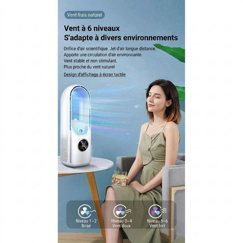 Luxsia AeroCool, ventilateur sans pales rafraîchissant posé sur un bureau