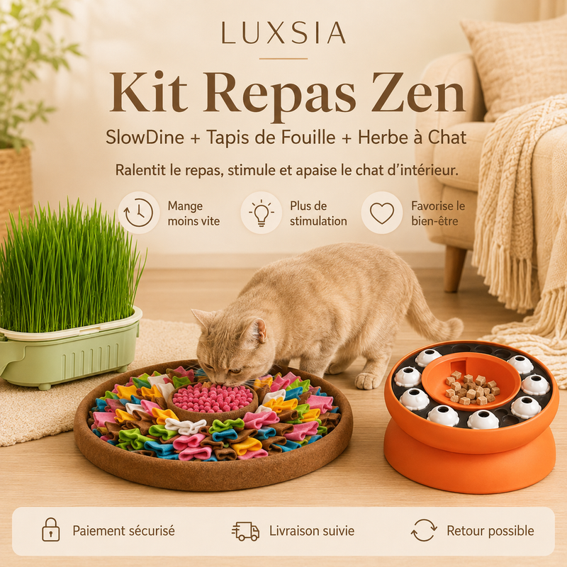 Kit Repas Zen — SlowDine + Tapis de Fouille + Herbe à Chat