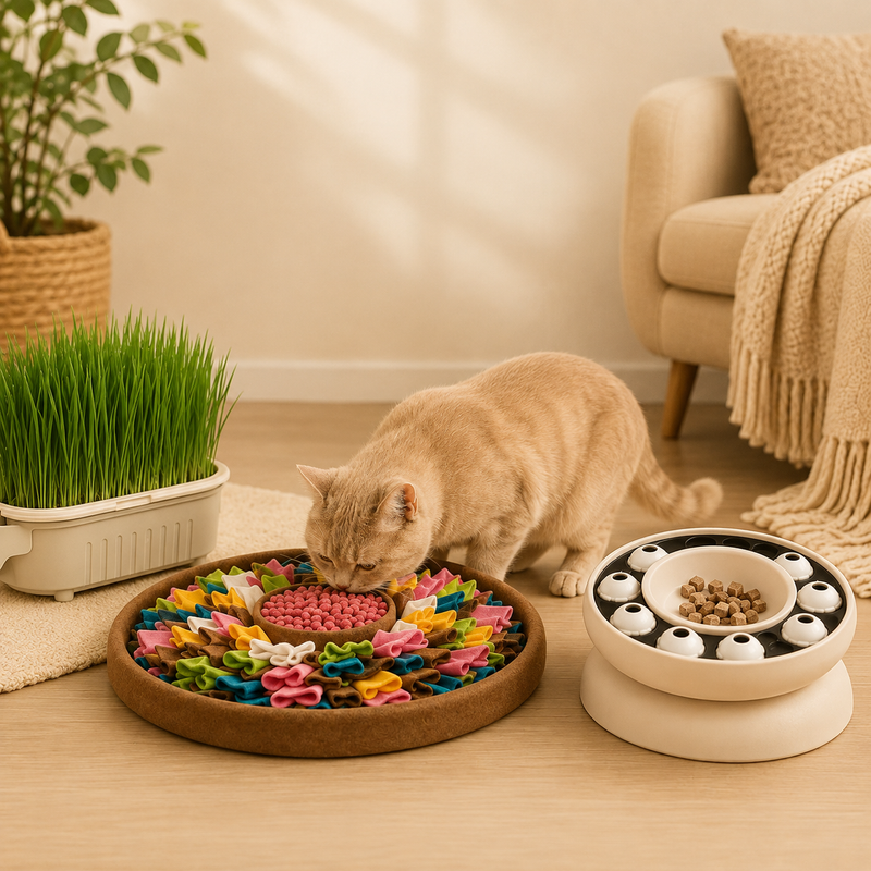 Kit Repas Zen — SlowDine + Tapis de Fouille + Herbe à Chat